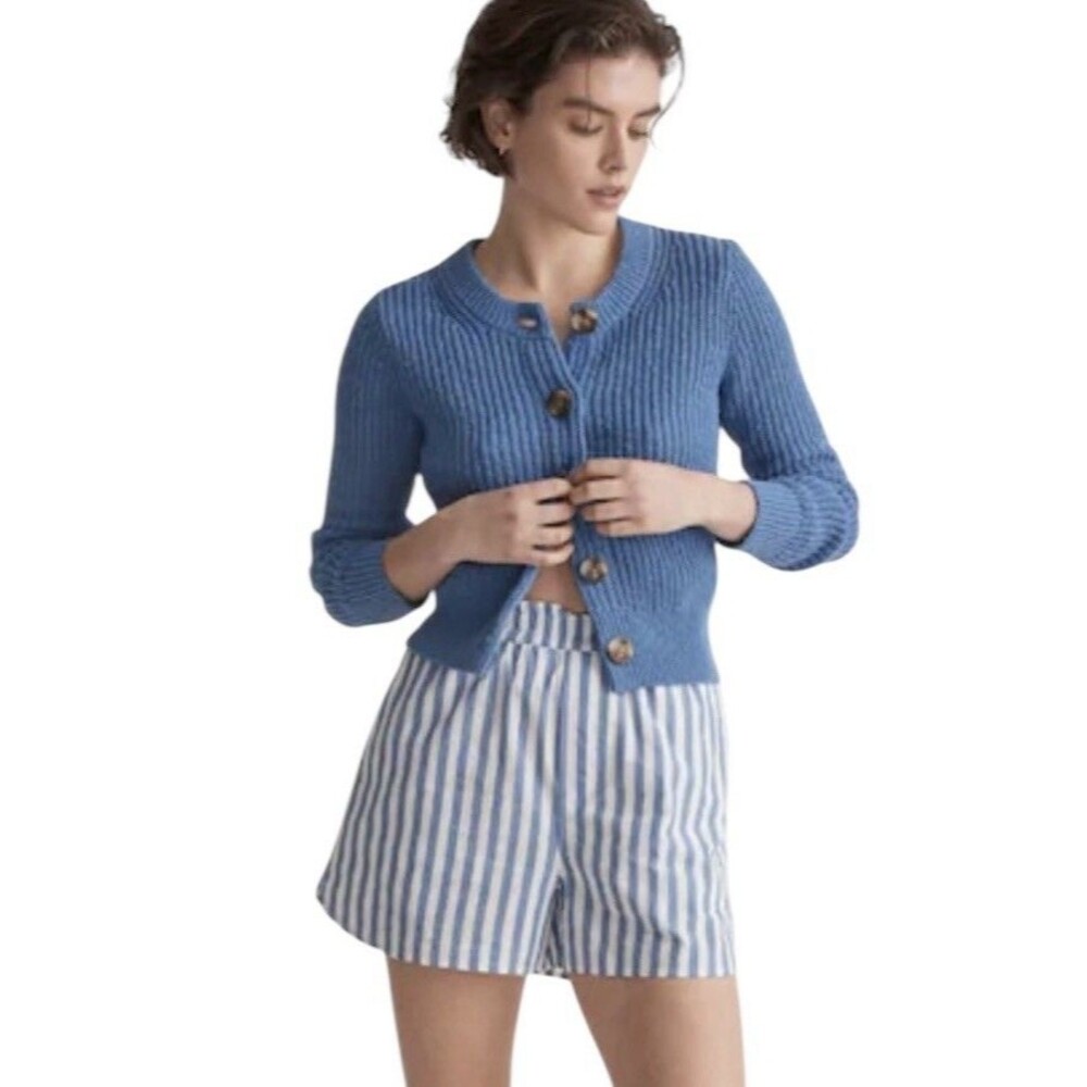 Madewell Textured Knit Cardigan Sweater Sz Small Blue Cropped Ribbed Knit